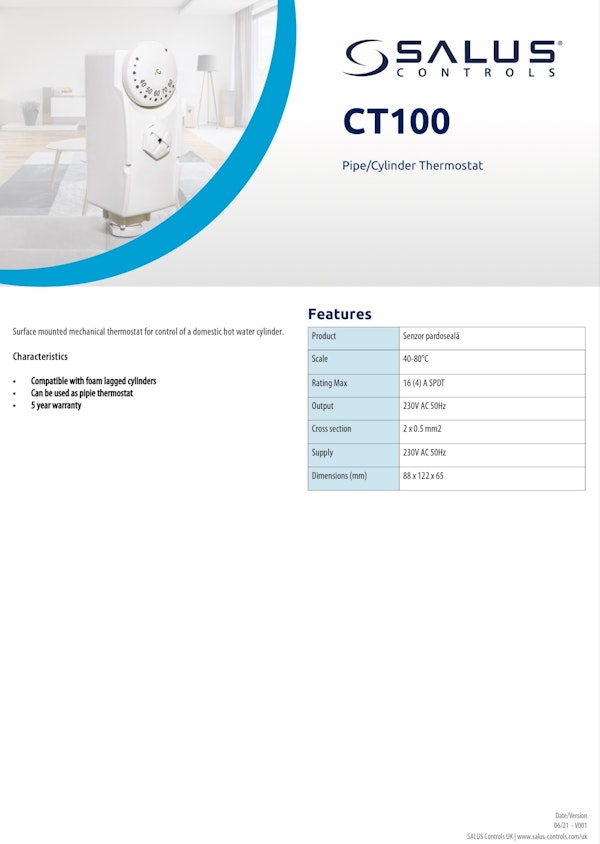 Salus Cylinder/Pipe Thermostat CT100 : Direct Plumbing Supplies