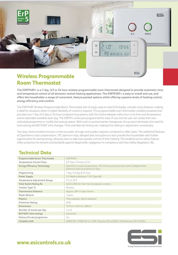 ESI Wireless Programmable Room Thermostat ESRTP4RF+ : Direct Plumbing  Supplies