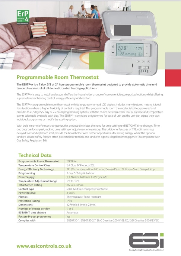ESI Wired Programmable Room Thermostat ESRTP4+ : Direct Plumbing Supplies