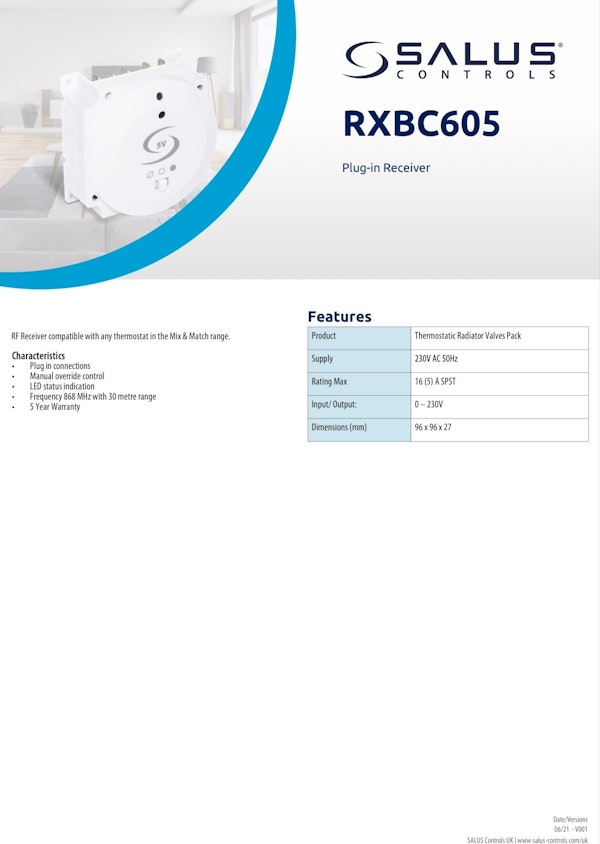 Salus Plug In Receiver RXBC605 : Direct Plumbing Supplies